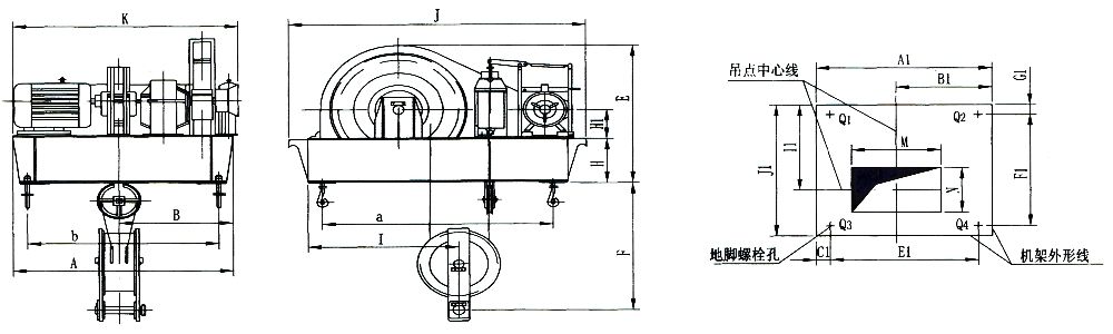 QPK1×50KN-QPK1×250KN系列卷揚式單吊點啟閉機外形及基礎布置示意圖