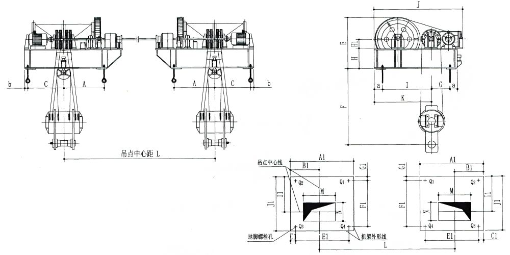 QPK2×400KN-QPK2×1250KN系列卷?yè)P(yáng)式雙吊點(diǎn)啟閉機(jī)外形及基礎(chǔ)布置示意圖