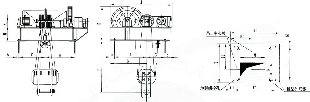 QPK1×400KN-QPK1×1250KN系列卷揚式單吊點啟閉機外形及基礎布置示意圖