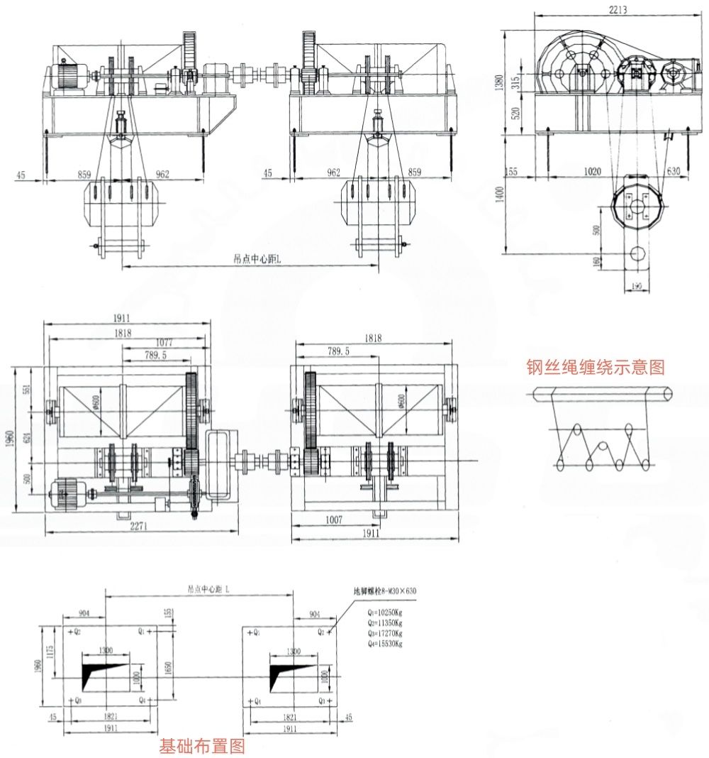 QP2×400KN系列卷揚式雙吊點啟閉機外形及基礎(chǔ)布置示意圖