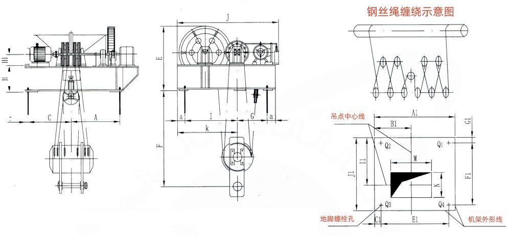 QP1×630KN-QP1×1250KN系列卷揚式單吊點啟閉機外形及基礎(chǔ)布置示意圖